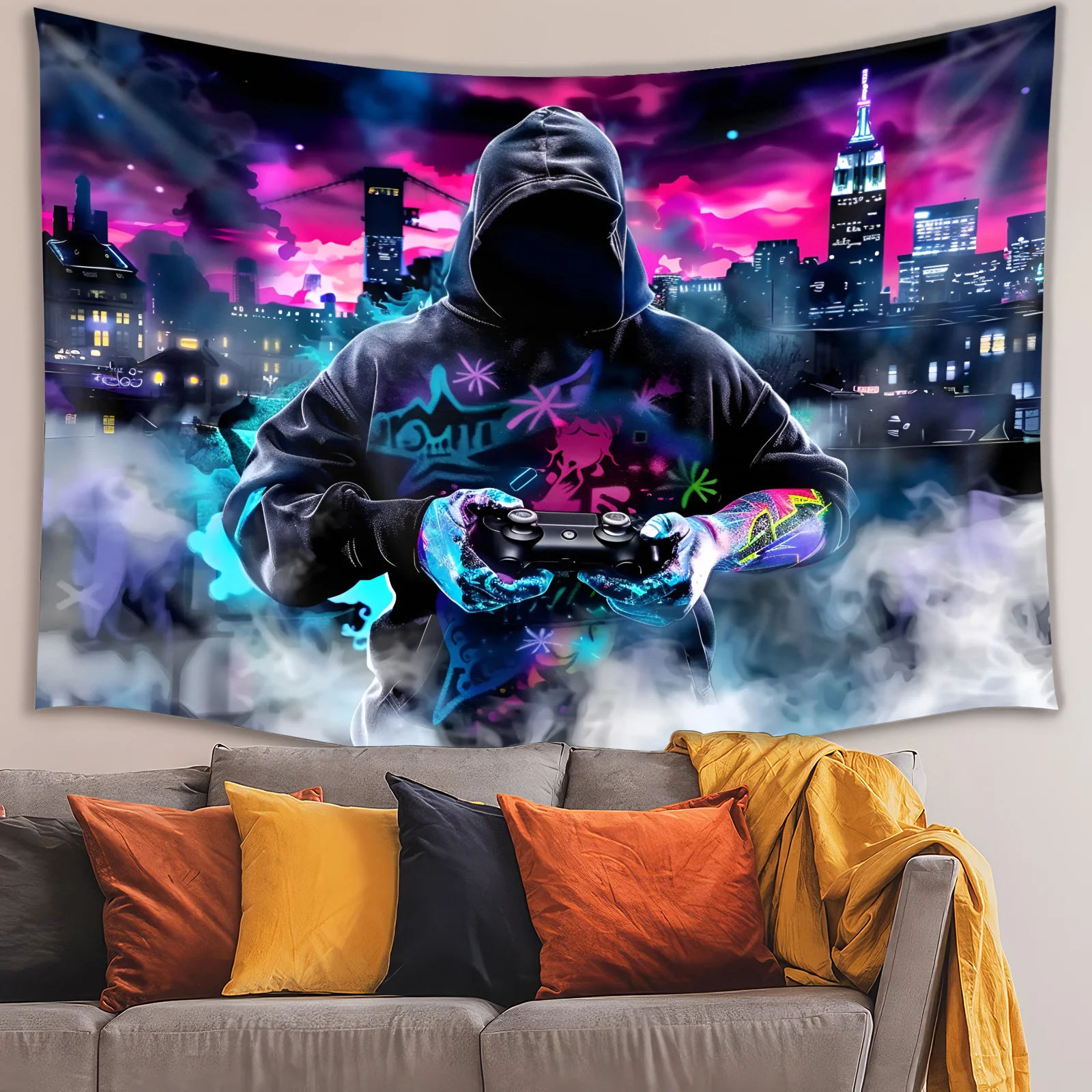 Urban Gaming Tapestry - Vibrant Cityscape with a Hooded Gamer for a High-Elegance, Modern Ambiance, Perfect for Enhancing