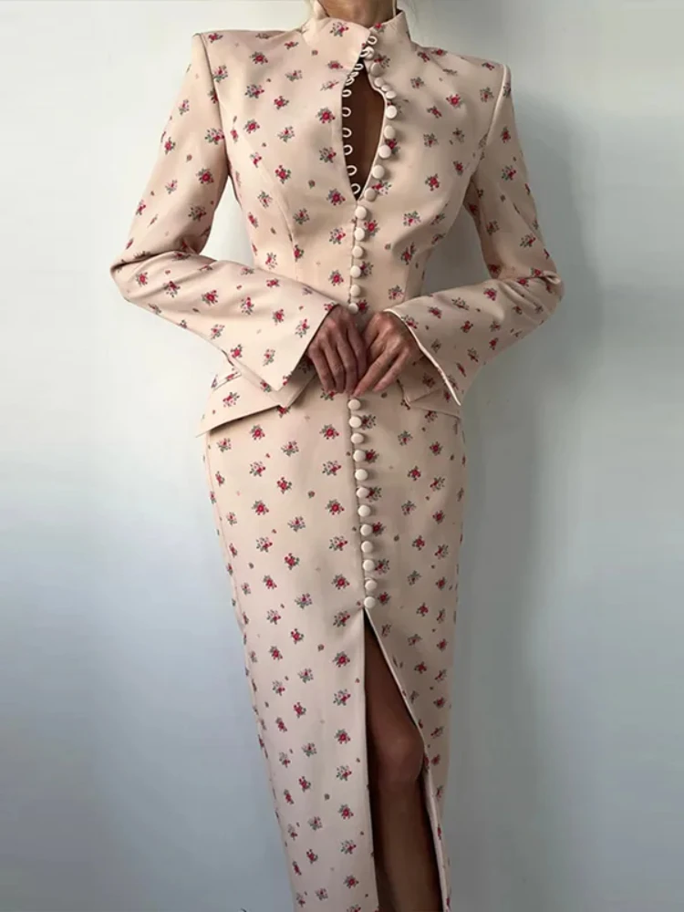 

Elegant Printed Split Maxi Dresses Women's Slim Full Sleeves Buttons Long Dress With Shoulder Pad 2026 New Ladies Spring Outwear
