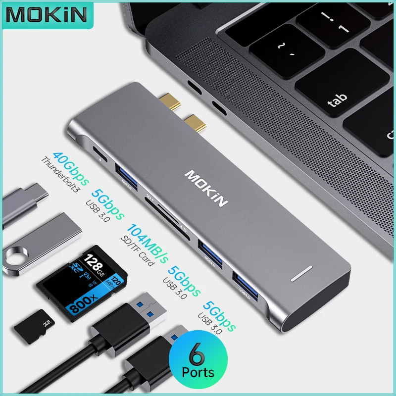 

MOKiN 6-in-2 USB C Docking Station | Dual USB C to 3 USB 3.0, Thunderbolt 3, SD/TF Card Reader for MacBook Pro/Air M1 M2