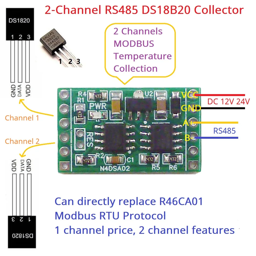 DS18B20 RS485 Adapter Board for PLC Paperless recorder Thermostatic Controls 2CH -55 to +125C Modbus Temperature Sensor Module