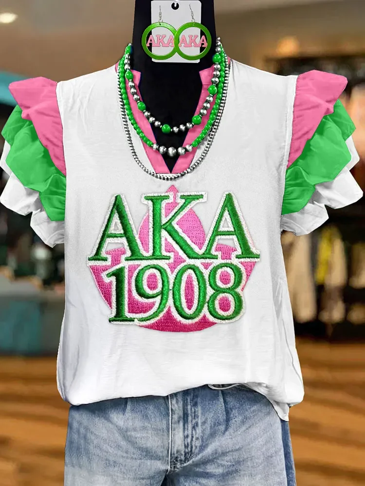 Alpha Kappa Alpha Sorority Embroidered Fly SleeveTop Ruffled  Blouse