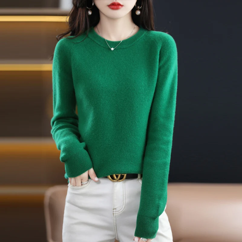 Autumn and winter 100% pure sweater ladies new round neck shoulder long sleeve fashion classic knitted pullover.