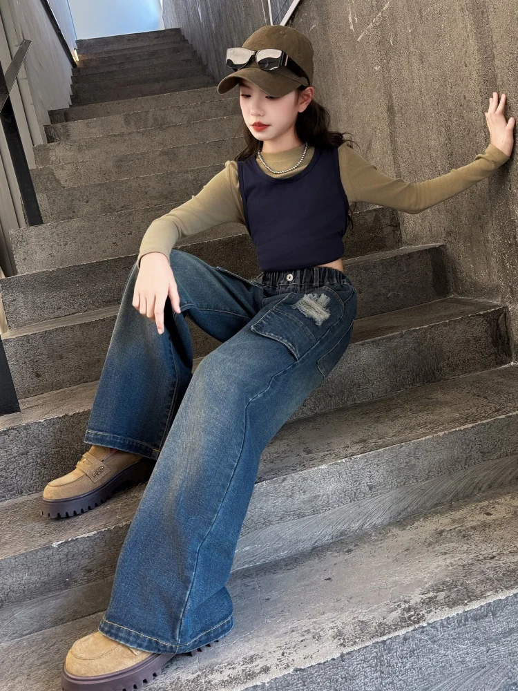 

2025 Spring and Autumn Pocket Ripped Straight Pants Fashion Slim Fit High Quality High Quality