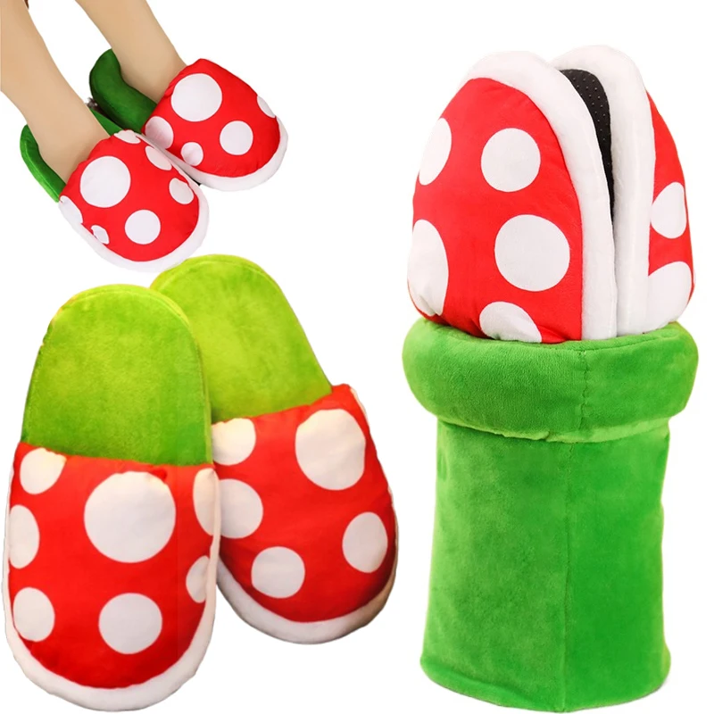 Zapatillas de invierno de Super Mario Bros Piranha Plant, zapatillas de felpa cálidas de Anime para hombres y mujeres, zapatos de algodón cómodos antideslizantes para interiores