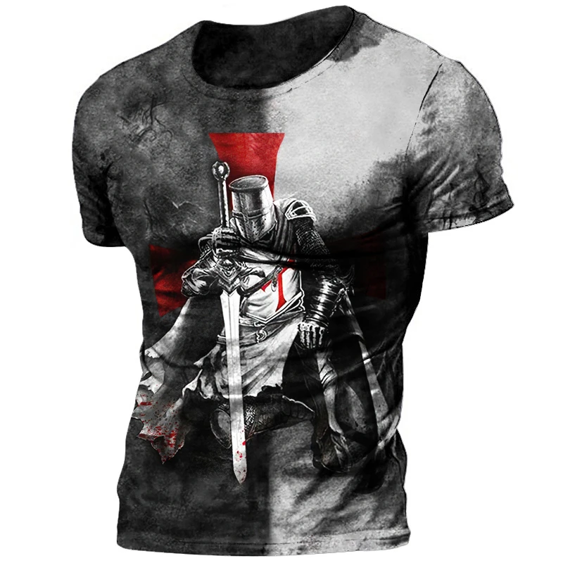 

3D Print Men's T-shirts Vintage Knights Templar Summer Breathable Polyester Crew Neck Loose Short Sleeve T Shirts Oversized Tops