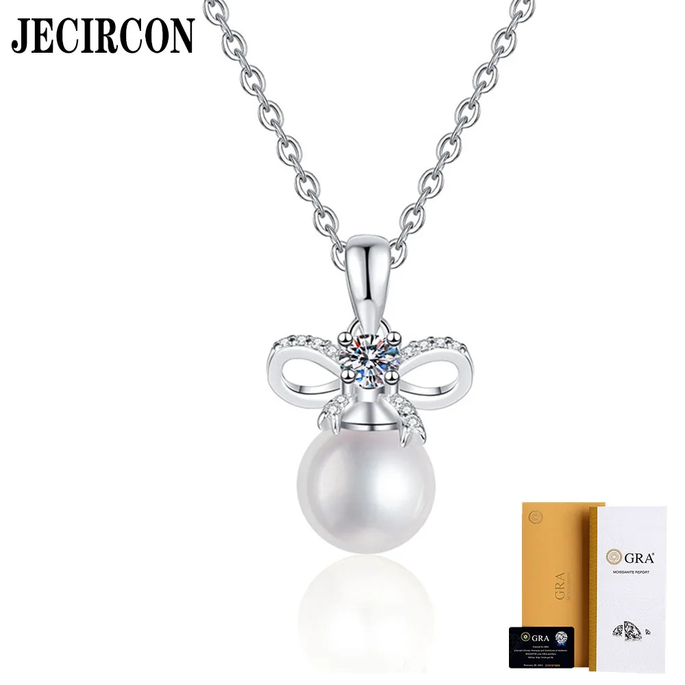 

JECIRCON 0.3ct Moissanite Necklace Light Luxury Natural Freshwater Pearl Bow Pendant Female S925 Sterling Silver Clavicle Chain