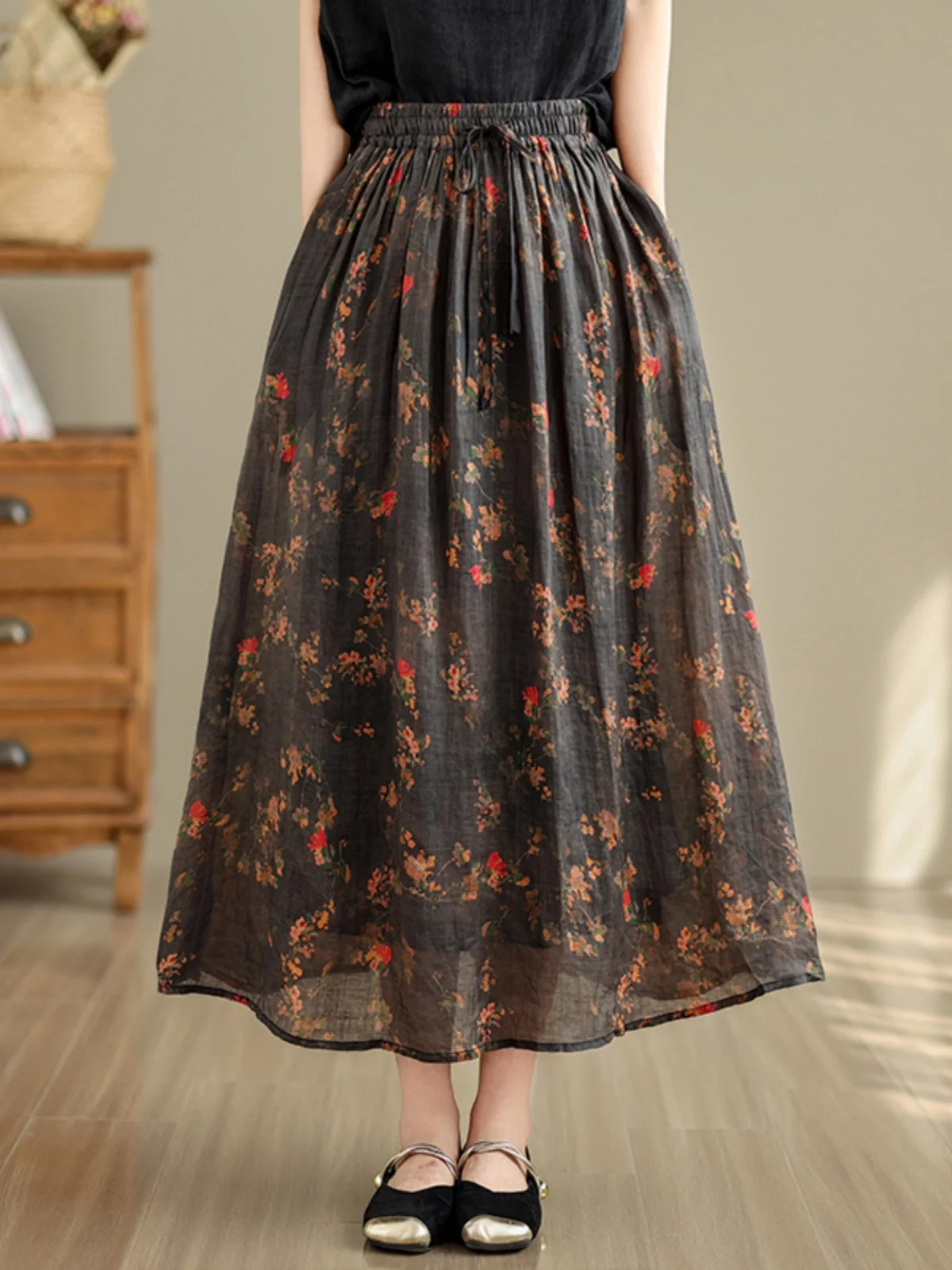 

Floral Print Midi Skirt Women's Summer 2024 Cotton Linen f-length Skirt Ele Vintage Sle A-line Skirt High Waist