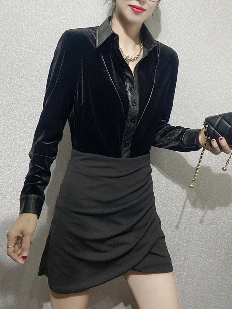 Vintage Black Velour Shirts Women PU Patchwork Velvet Shirts Women office lady Velour Patcwork PU Shirt