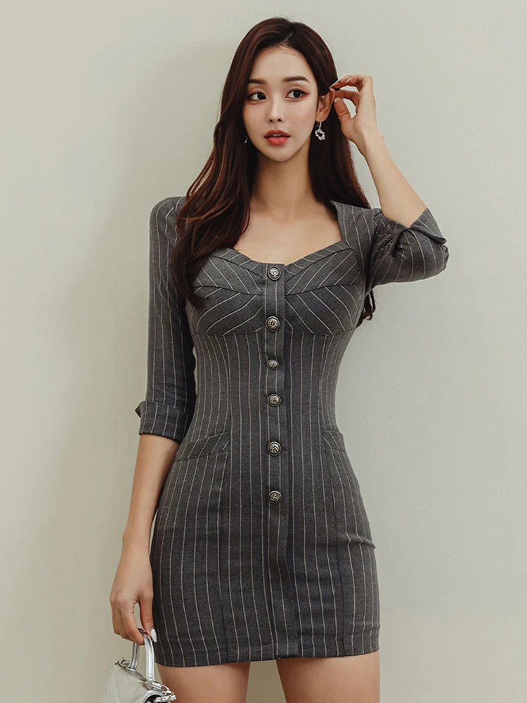 New Commute Lady Work Style Formal Pencil Dress Women Clothes Striped Elegant Office Sexy Square Collar Slim Short Mini Vestidos