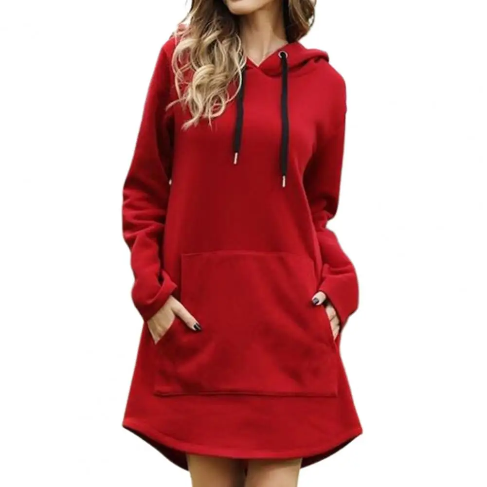 Winter Solid Color Dress Cozy Plus Size Hooded Mini Dress with Drawstring Patch Pockets for Fall Winter Loose Fit Solid Color