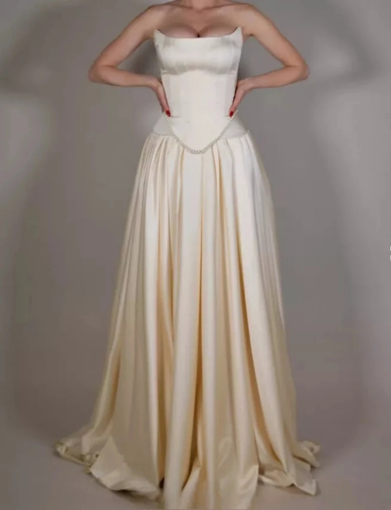 Dark Ivory Vintage Wedding Dress Sleeveless with Pearls Beaded A Line Satin Bridal Gowns Drop Waist Reception Gown Customized