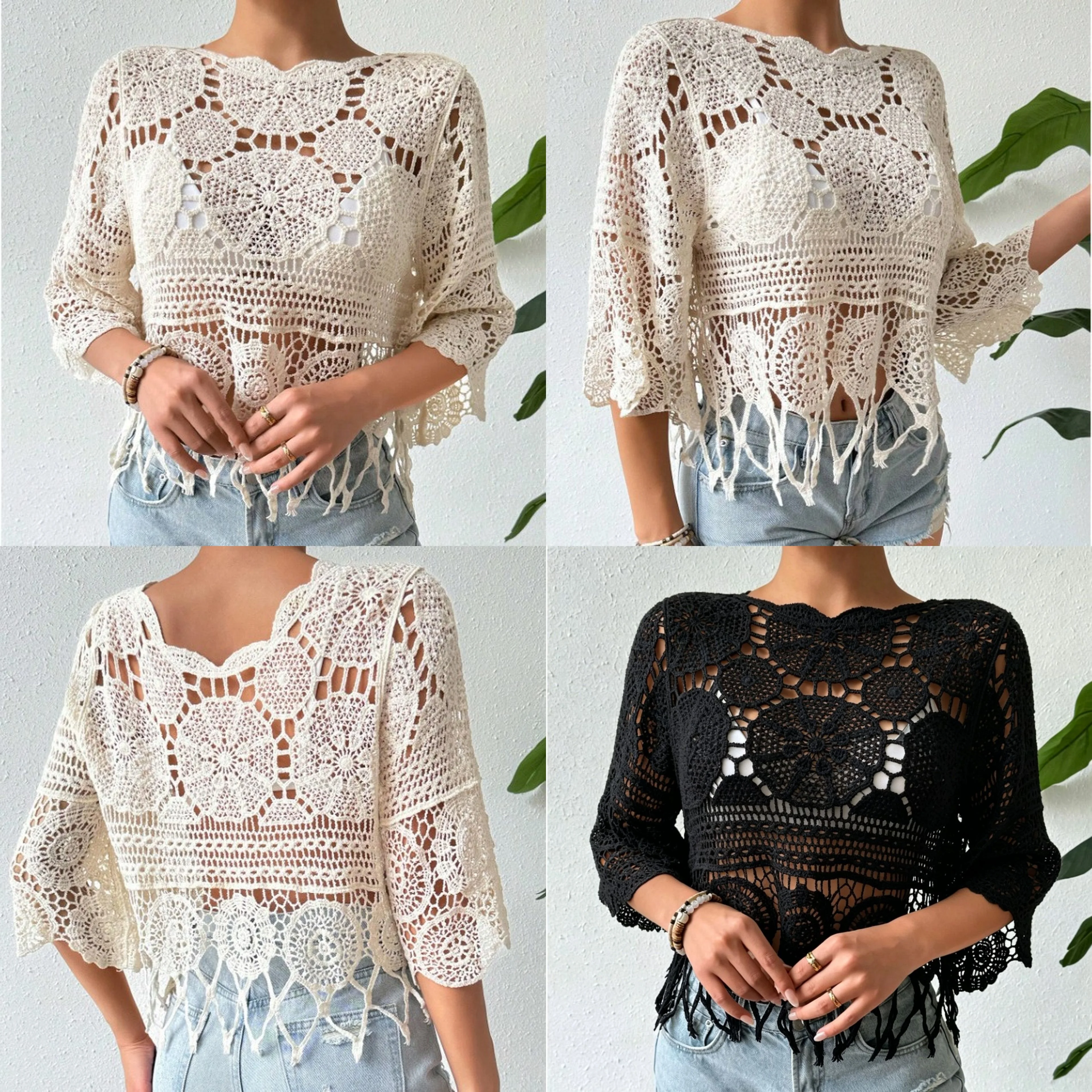 Crochet Top Women Elegant Bohemian Sheer Hollow Out Knit Solid Fringe Chic Casual Blouse Tops Spring Summer Outfit