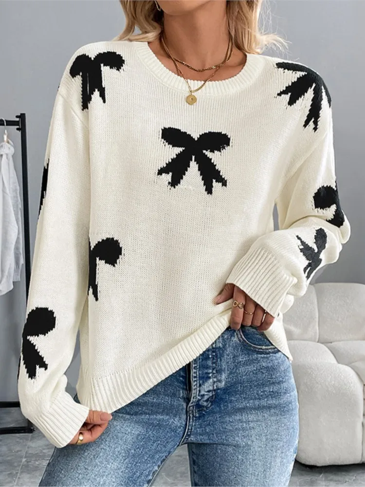 

Sweet Girly Round Neck Bow Jacquard Sweater Winter Clothes Woman Pulls Femmes All-match Loose Simple Style Comfortable Bowknot