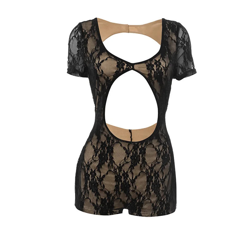 DSMTRC 2025 Backless Short Sleeve Skinny Peach Hip Hottie Wild Style Romper Women Mesh Patchwork V-Neck Sexy Hollow Out Playsuit