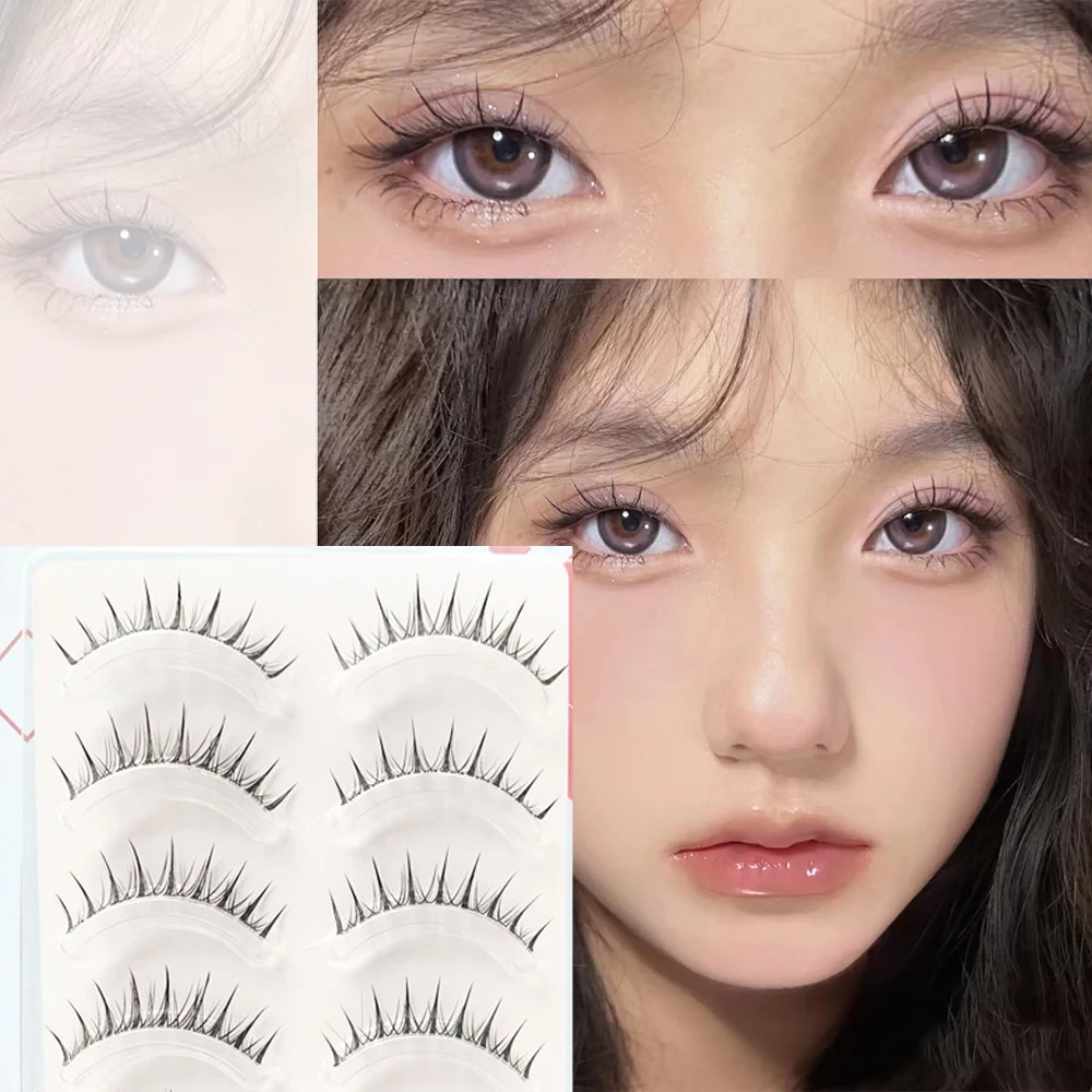 

5 Pairs Natural Manga False Lashes Fishtail Strip Lashes Soft Comfortable Thin Transparent Stem Little Devil Korean Makeup