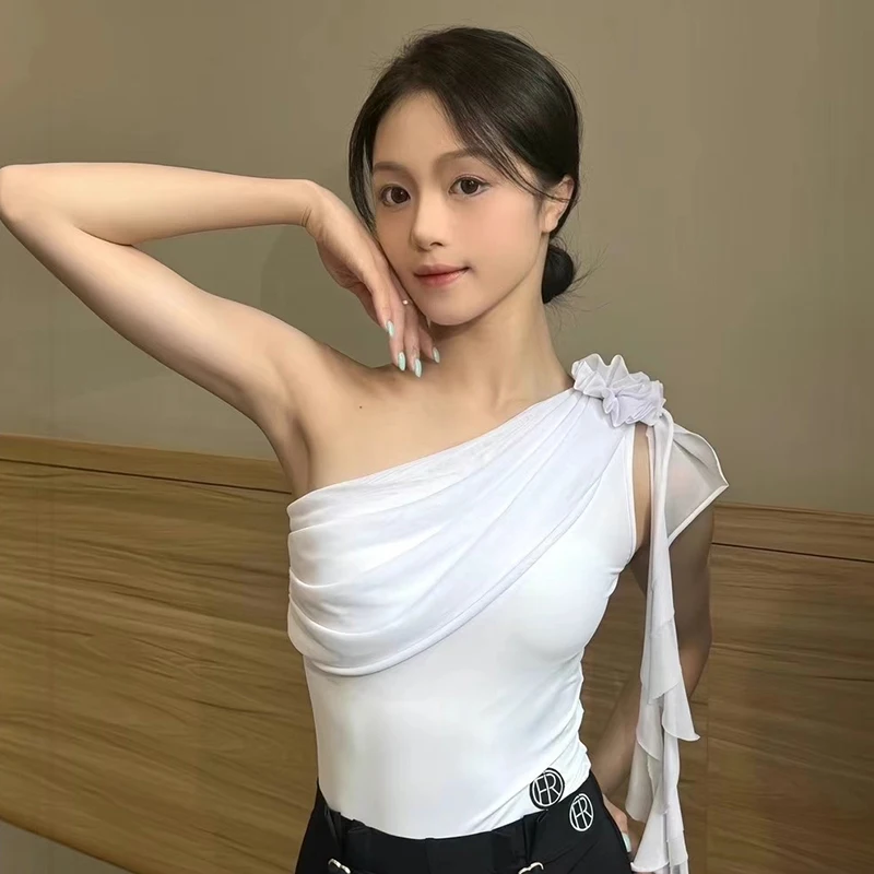 

4 Colors Slanted Shoulder Latin Dance Tops Women Tango Samba Dance Bodysuit Adult Stage Performance Training Clothes VBH1749