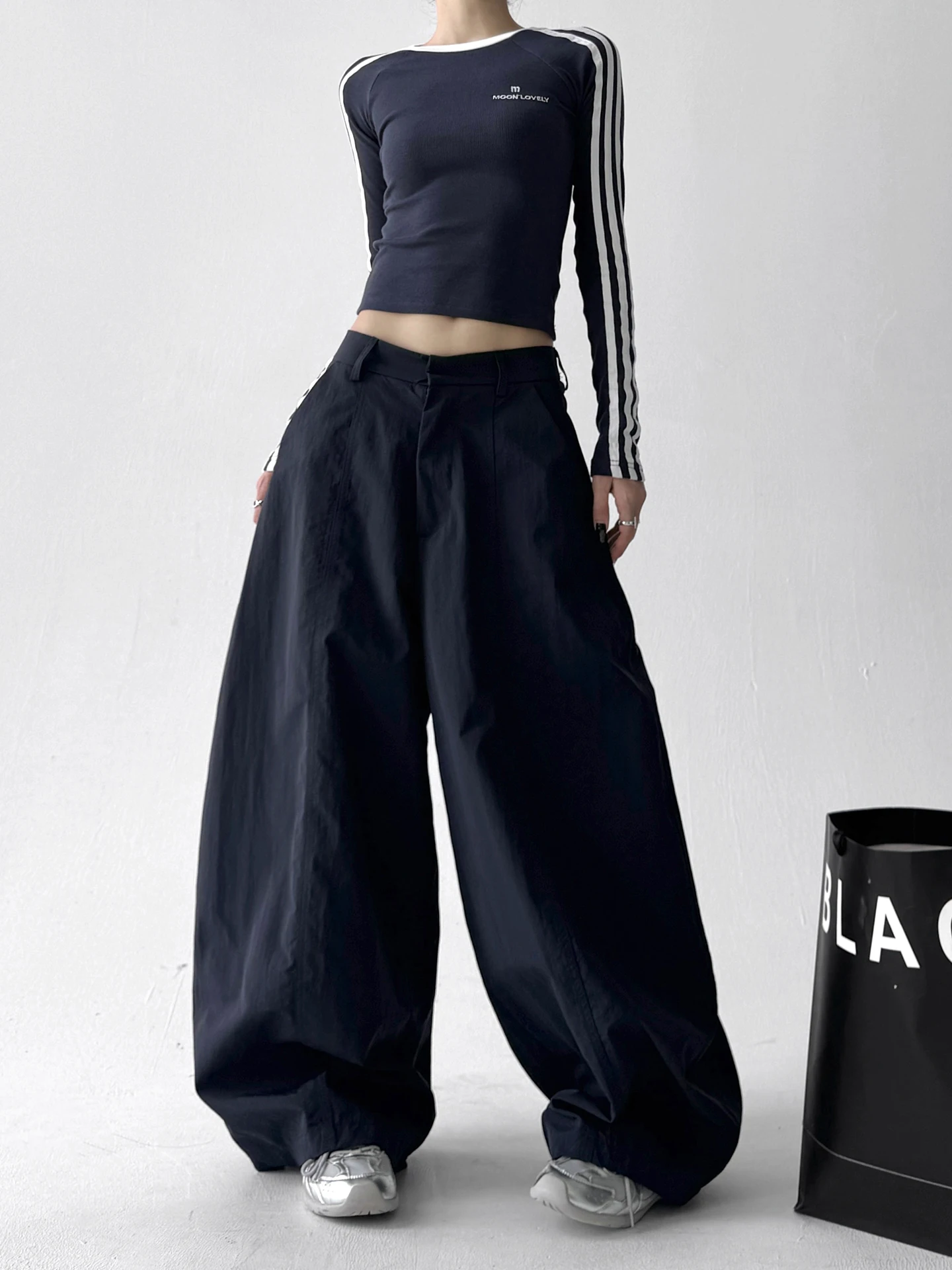 Pantaloni da lavoro casual larghi Pantaloni sportivi casual da ballo a vita alta da donna a gamba dritta larghi in blu royal per l'autunno