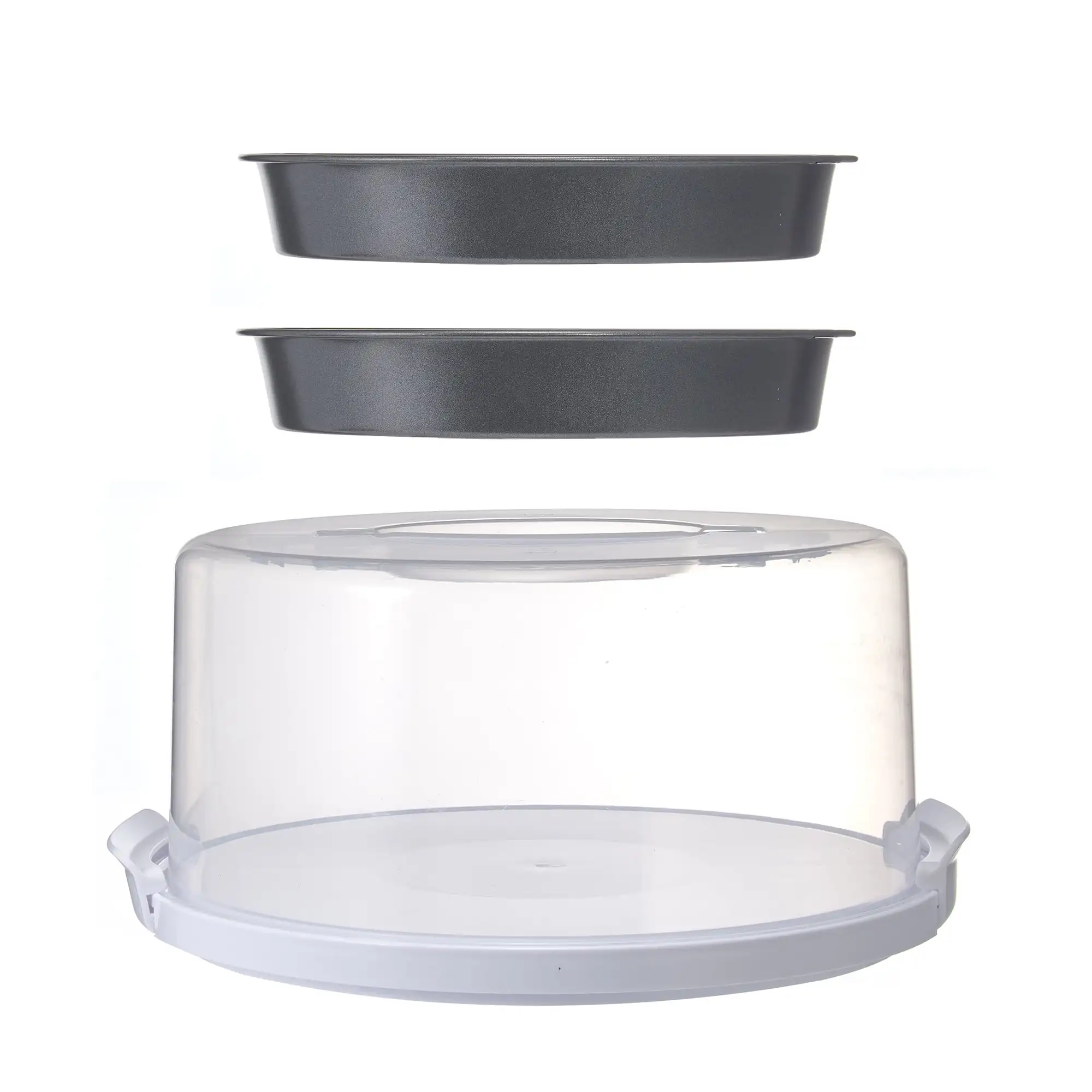 

12 inch Clear Cake Carrier with 2pk 9 inch Gray Round Pans, Carbon Steel