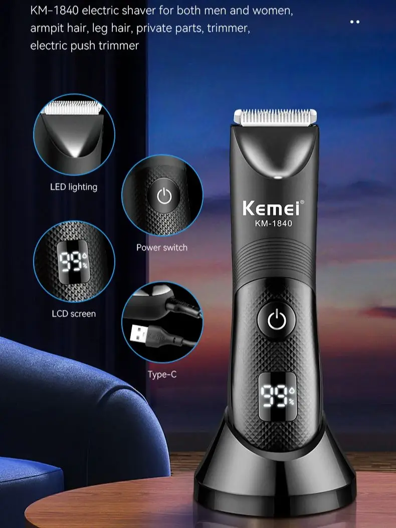 Kemei KM-1840 Waterproof Hair Trimmers For Men Multi-functional Cordless Rechargeable Electric Hair Clipper Body Hair Shavers