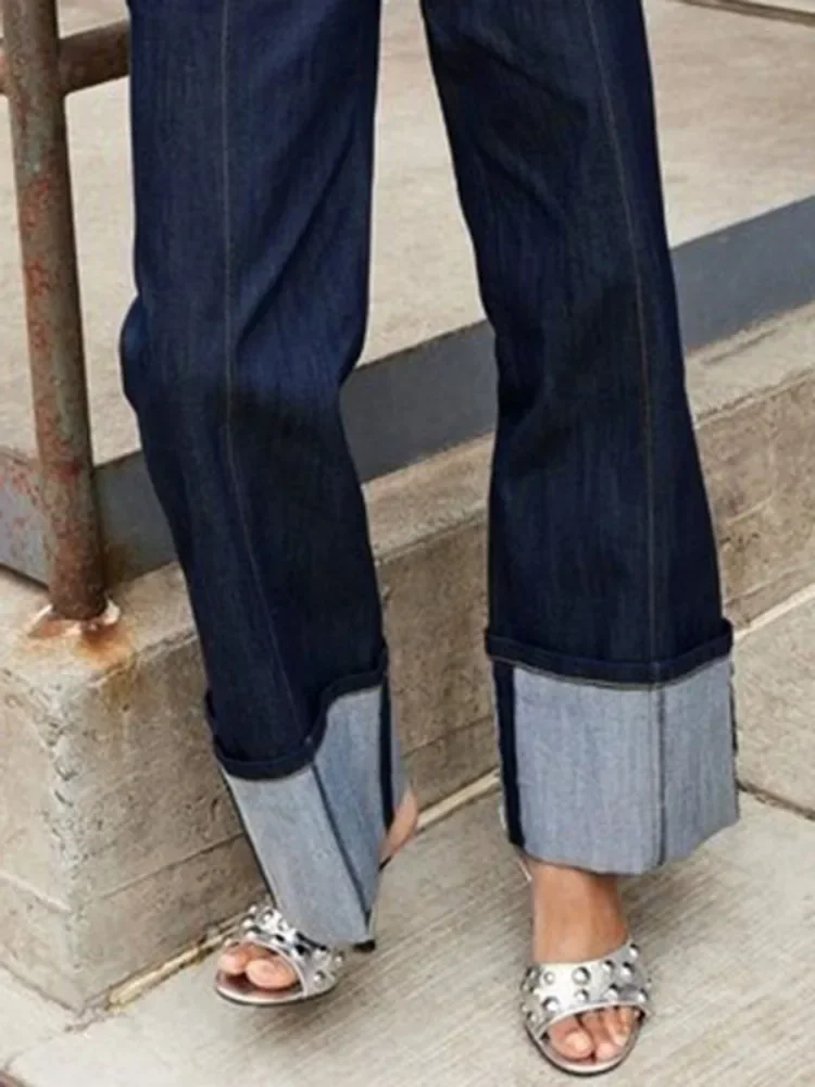 Bonboho Women\'s Jeans Buttoned High Waist Full-length Straight Trousers Deep Blue Contrast Color Commuter Pants for Female