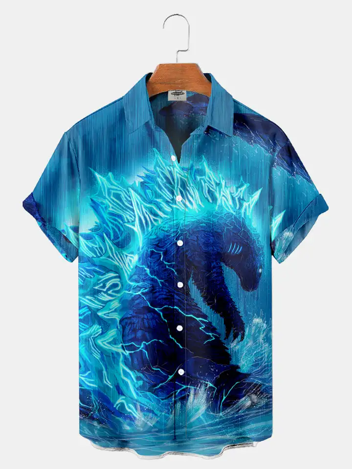 Men\'s classic sea monster printed shirt summer cool street men\'s and women\'s couples style shirt single button lapel short shirt