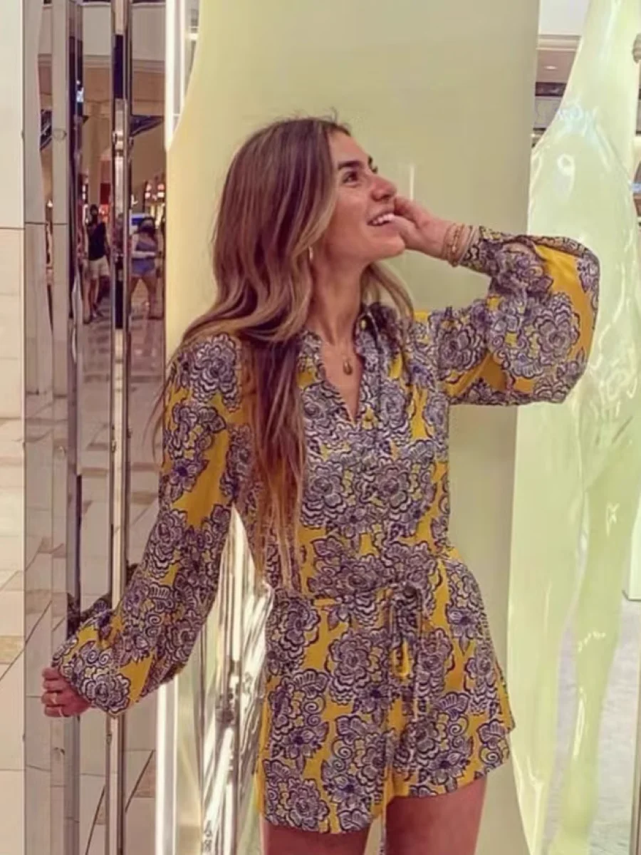 

Women Retro Print Jumpsuit Turn-down Collar Long Sleeve Lace-up Waist Vintage Female Cotton Rompers