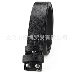 Cinturón de cuero genuino sin hebilla, 3,8 cm, patrón de hierba Tang, vaquero occidental
