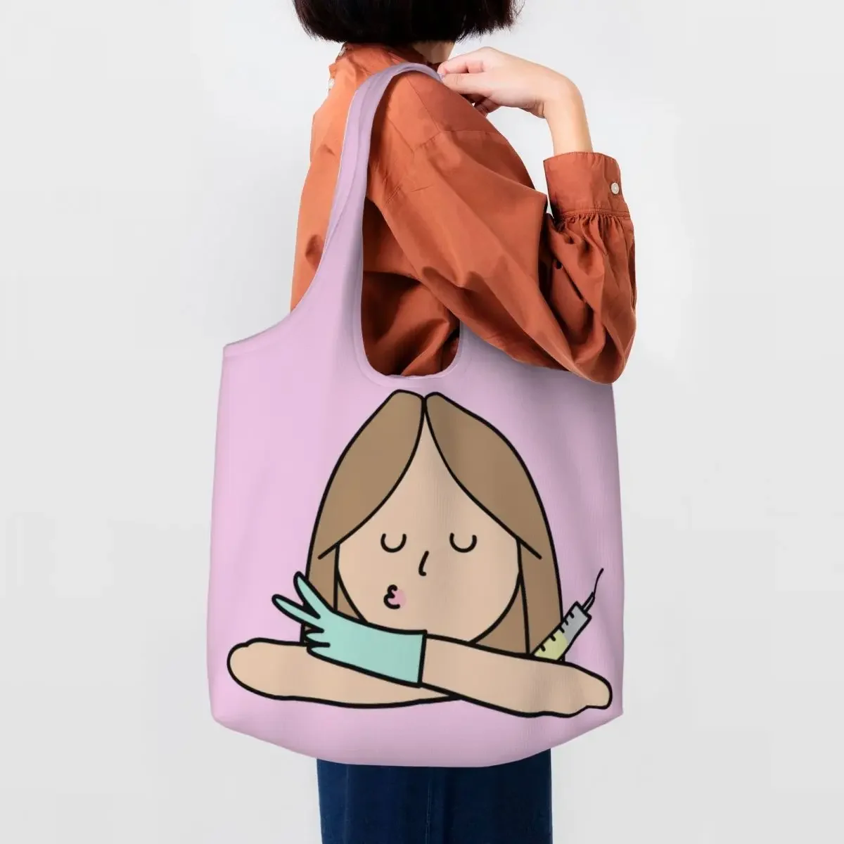 Custom Kawaii Funny Cartoon Nurse Shopping Tote Bags Reusable Health Care Nursing Doctors Canvas Grocery Shopper Shoulder Bag