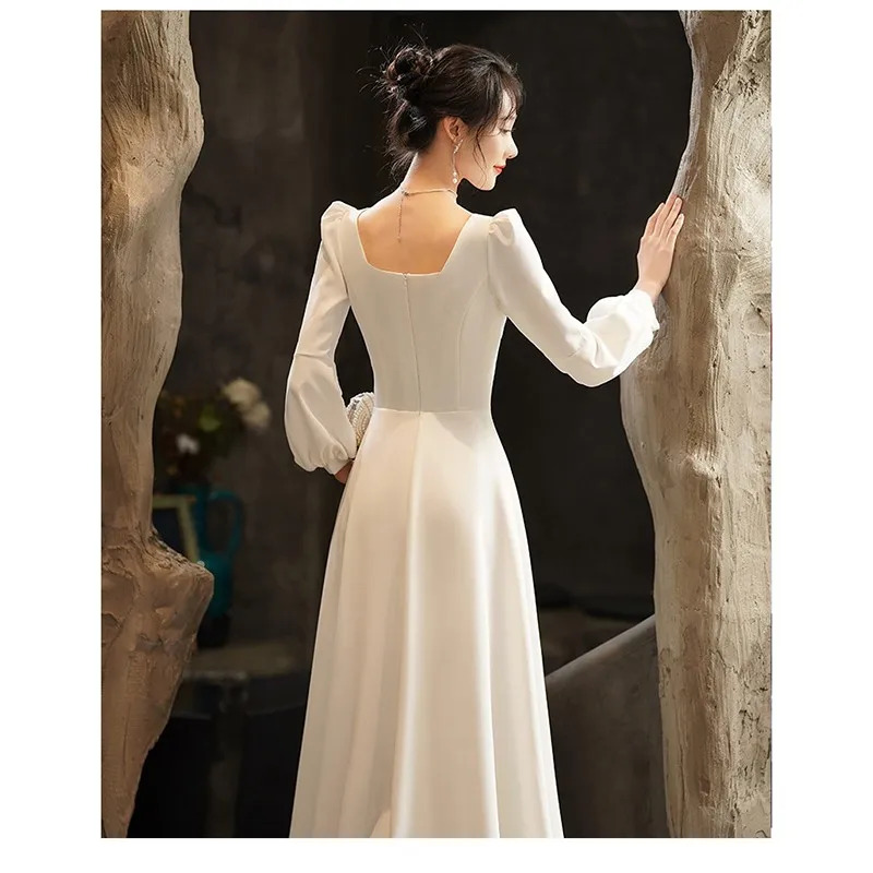 Robe de Soirée en Satin Blanc à Manches sulf, Tenue Élégante et Personnalisée pour Banquet, Bal et ixAnnuelle