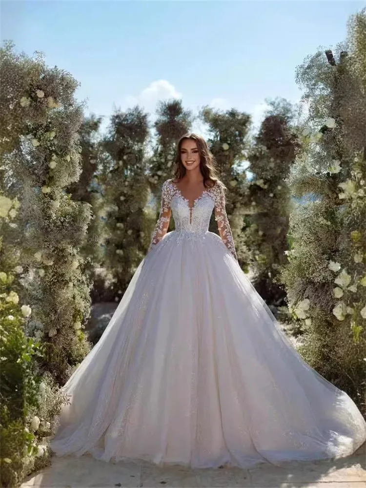 Elegant V-neck Wedding Dresses Long Sleeves Appliques Shiny Tulle A-line Bridal Gown Corset Vestido De Novia