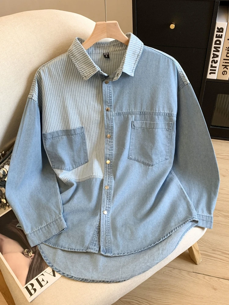 

Splicing Long Sleeve Denim Shirt Women Spring Autumn New Korean High Street Stripe Coats Fashion Casual Single Breasted Tops