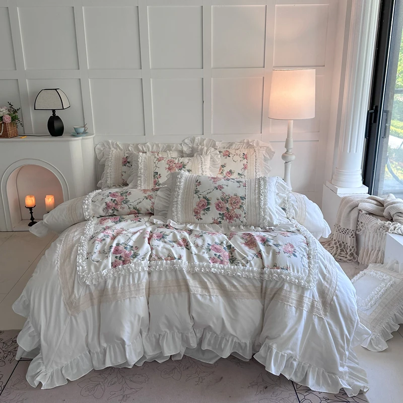 100% Cotton Rose Floral Bedding Set French Vintage Lace Ruffles Duvet Cover Bed Skirt/Bed Sheet/Fitted Sheet Pillowcases 4Pcs
