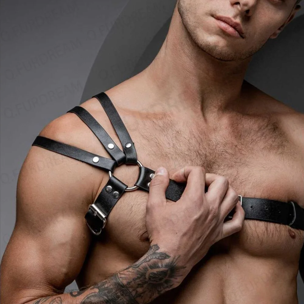 One Shoulder Leather Men\'s Chest Harness Gay Men Bondage Upper Sexy Erotic Fetish Lingerie Body Club Rave Straps Crop