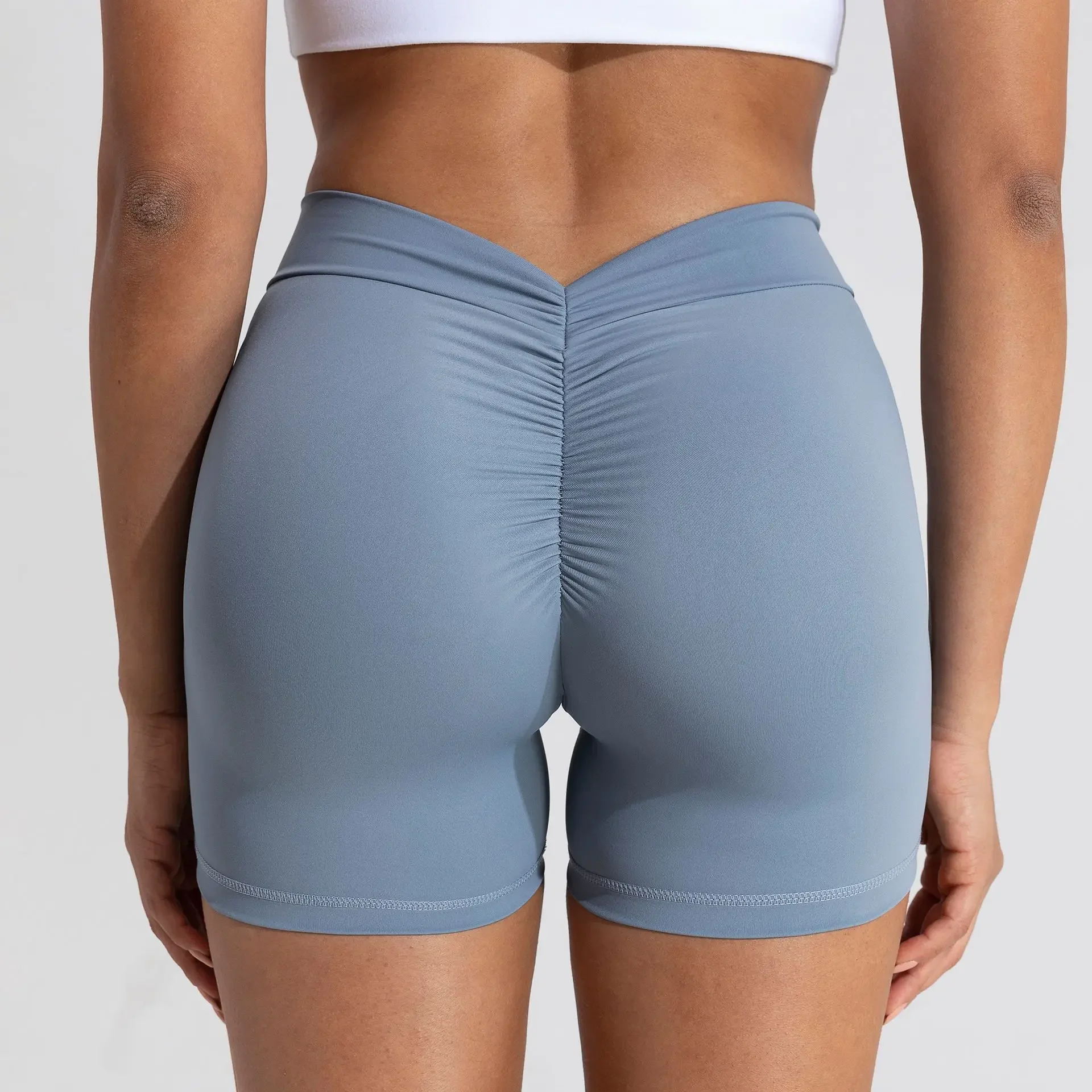 Leggings de corte em V sólido profundo para mulheres, pescoço traseiro baixo, scrunch bum, calças de ginástica, shorts de ioga, leggings