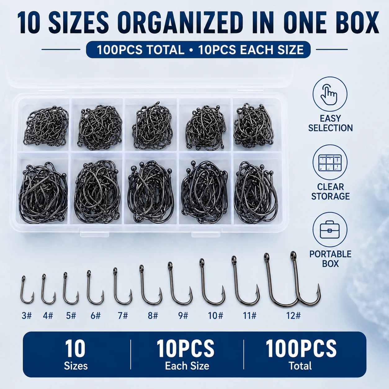 100-teiliges Angelhaken-Set, 10 Größen Widerhaken-Angelhaken, Hochkarbon-Stahl mit Aufbewahrungsbox für Süß- und Salzwasserfischen – Detail 2