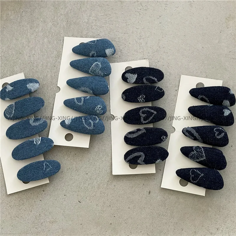 Elegant Denim Blue Heart Printing Cloth Hairpin Side Clip Cute Oval Triangle Duckbill Clip Bang Clip New