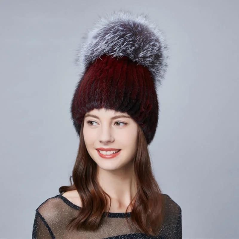 Real Mink Fur Hat Women's Fashion Ear Protection Handmade Knitted Fur Hat Winter Female Natural Fur Hat With Big Fox Fur Ball