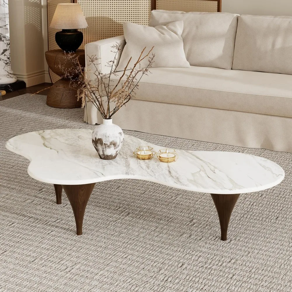 

54.7" Irregular Modern Coffee Table Unique Wave-Shaped Design, Sintered Stone Living Room Table with Wood-Like, Customized