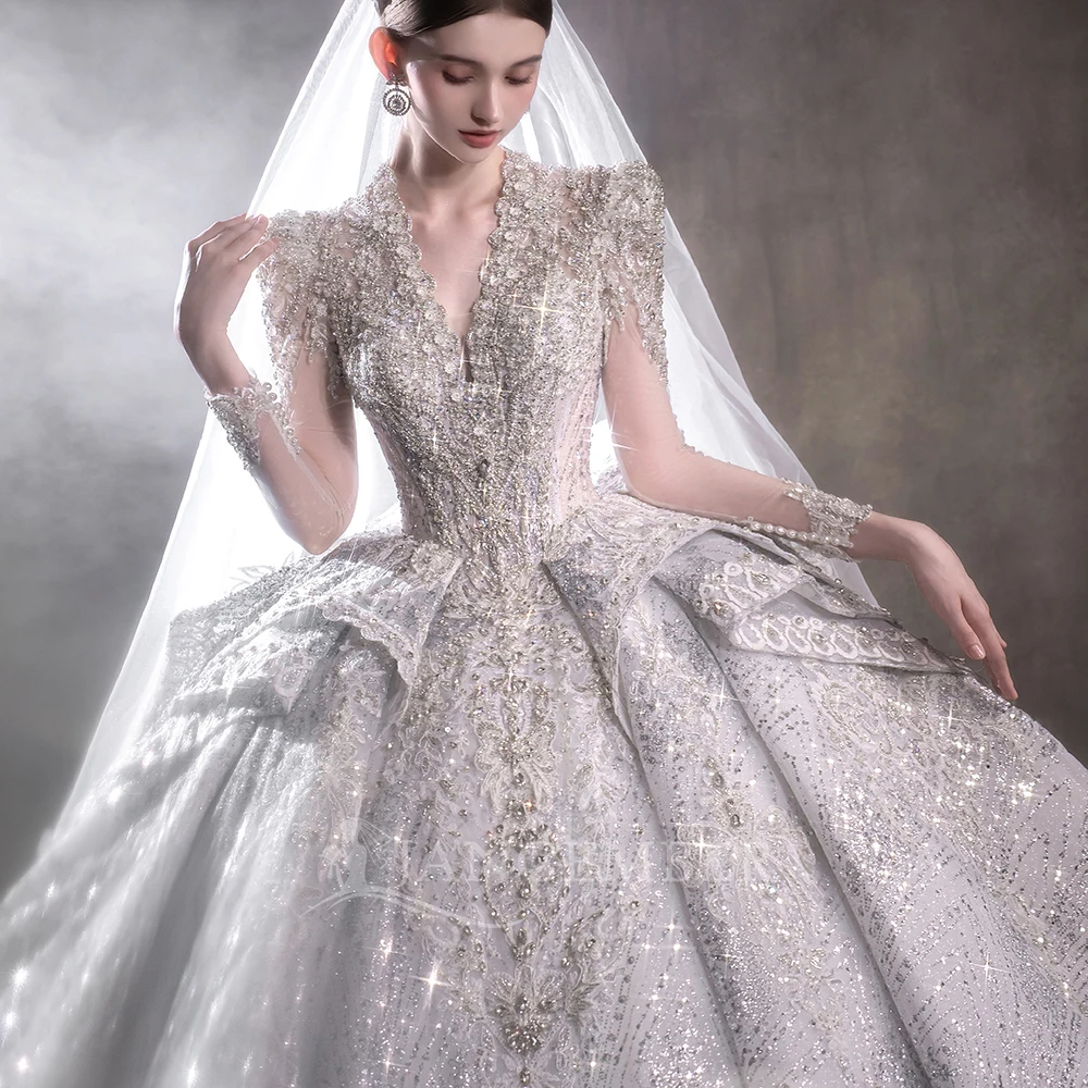 브이넥 오간자 웨딩드레스 맞춤형 긴 소매 웨딩드레스 진주 공주 레이스 웨딩드레스 웨딩드레스