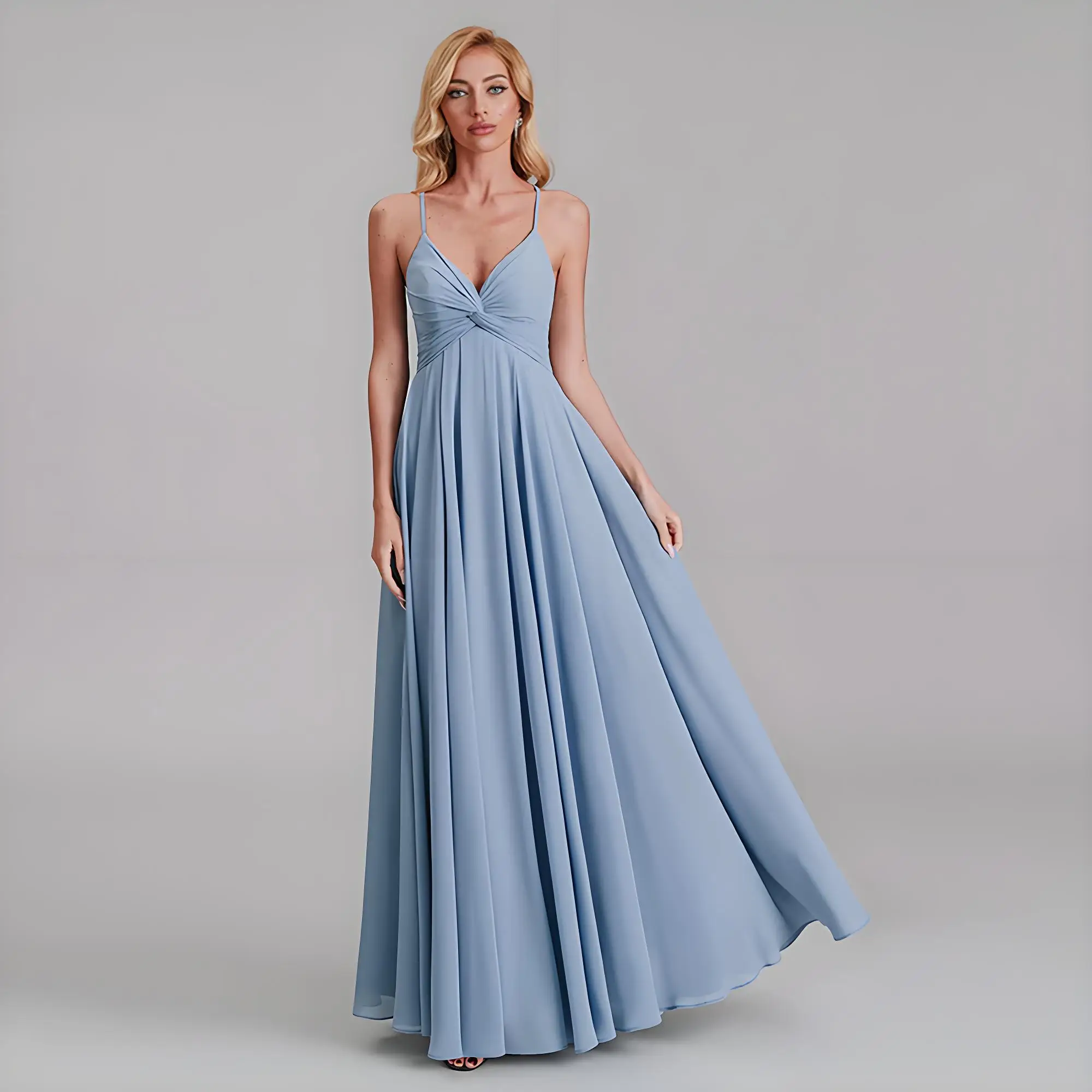

Beshinel Customized Blue V Neck Spaghetti Strap Bridesmaid Dress Sexy Sleeveless Formal Occasions Evening Dress Robes De Soirée