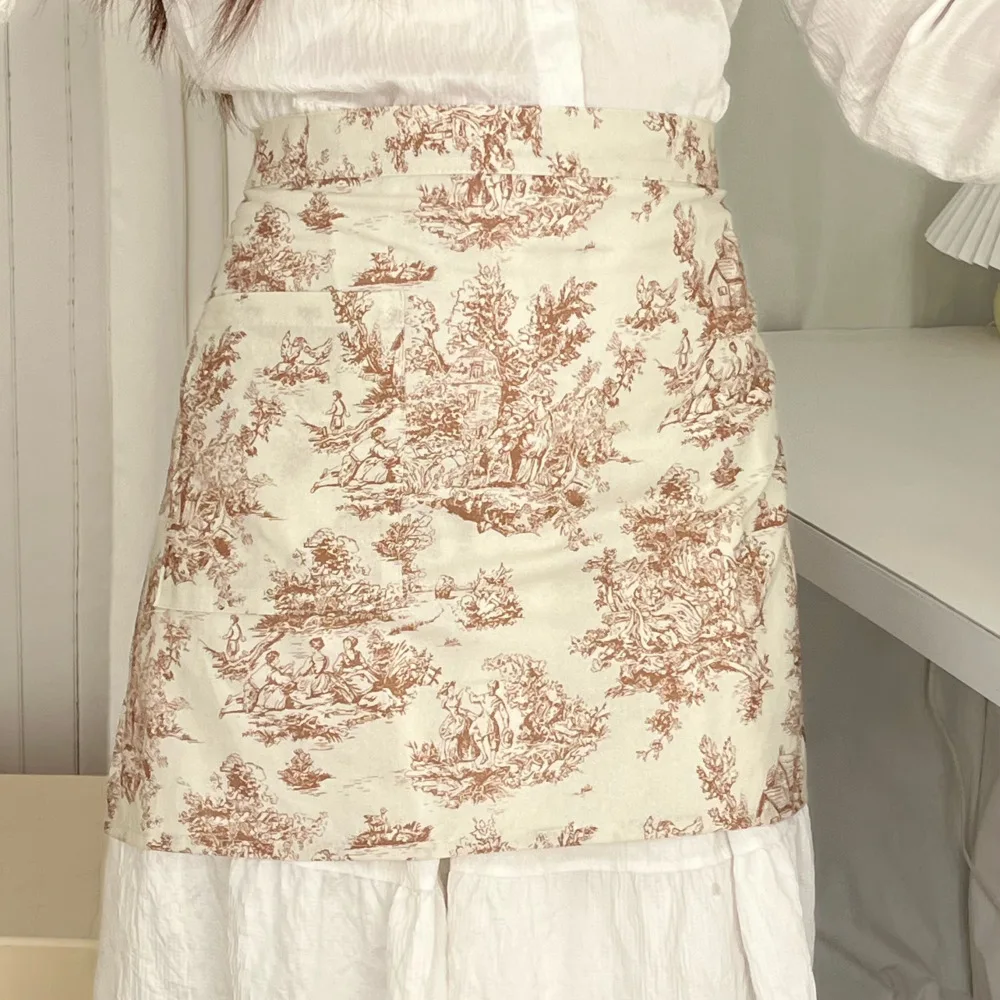 Ink Printed Waist Apron for Women Cotton Korean Style Home Baking and Coffee Shop Work Apron