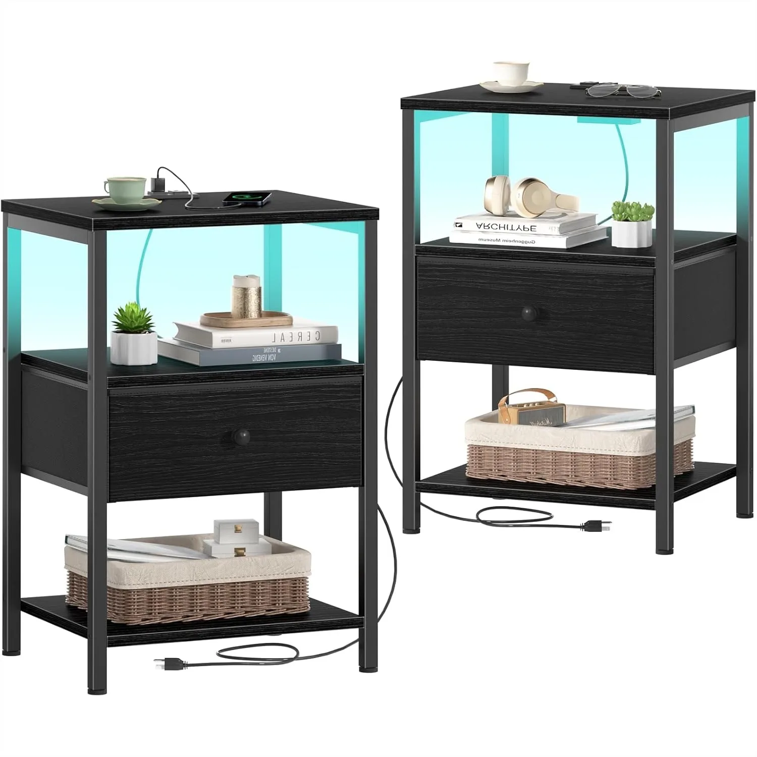 

Black Nightstands Set of 2 with Charging Station and LED Light, Modern Bedside Tables with Fabric Drawer, USB Ports, 23.6" Tall