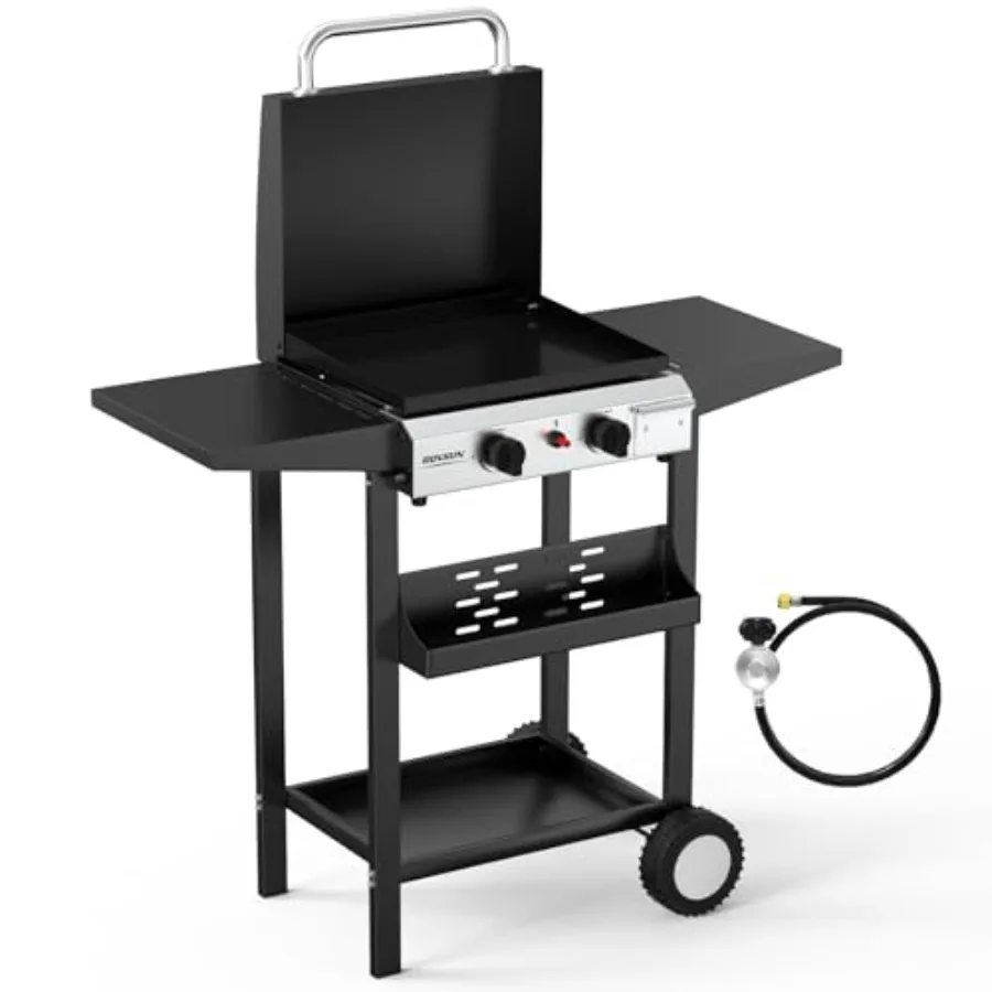 2 Burner Portable Propane Griddle 20000 BTU Electronic Ignition Rolling Flat Top Gas Grill with Enameled Tray Lid Side Shelves