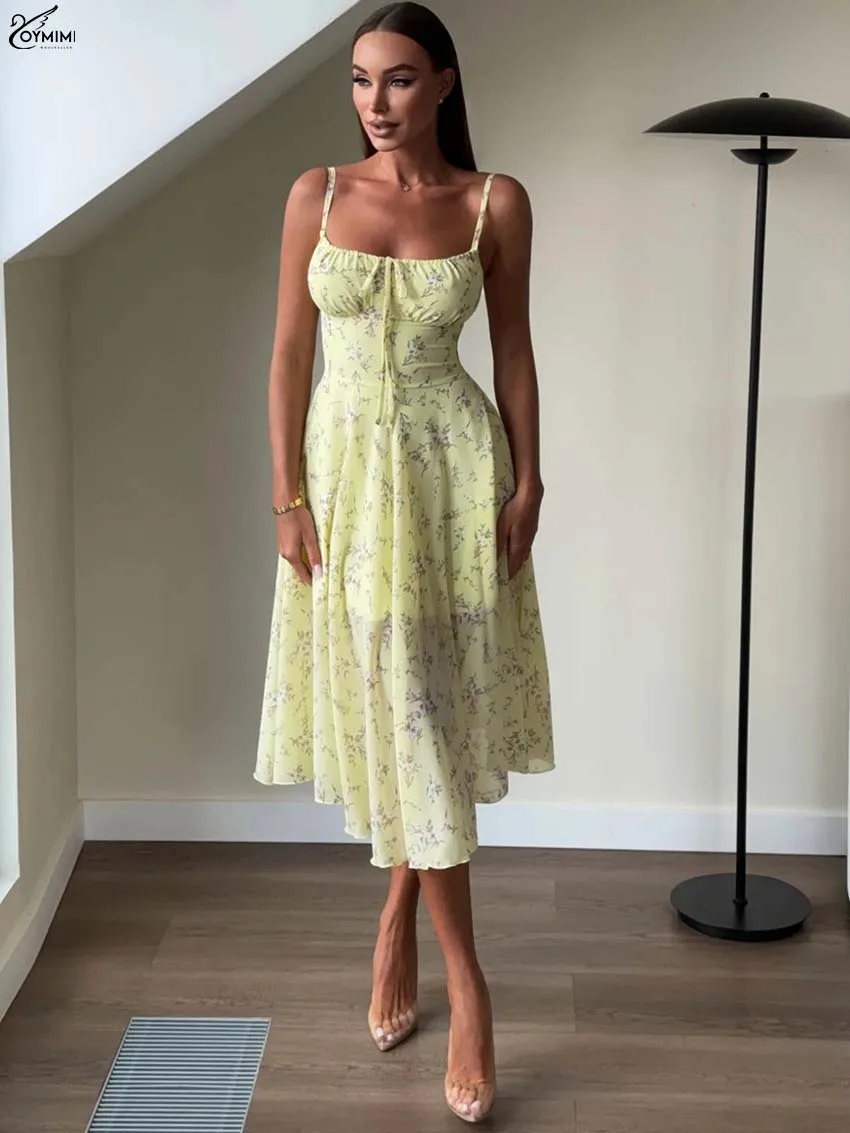 Oymimi Fashion Yellow Print Dresses For Woman Elegant Spaghetti Strap Lace-Up Open Back Dresses Autumn High Waist Loose Dress