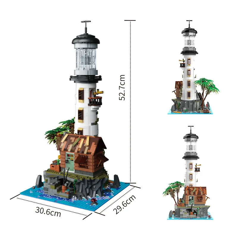 Creative Street View Mini Block Fishing Village Lighthouse Building Brick Model Streetscape Toys Collection With Light For Gift