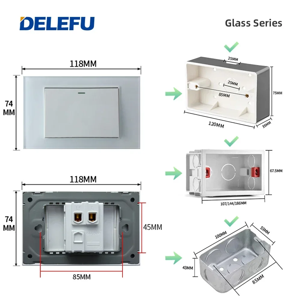 DELEFU แผงกระจกนิรภัยบราซิลมาตรฐานซ็อกเก็ตสวิทช์ 118*72mm10A 20A Doorbell สวิทช์ Doorbell Ding Dong สีเทาสีดําสีขาว Go