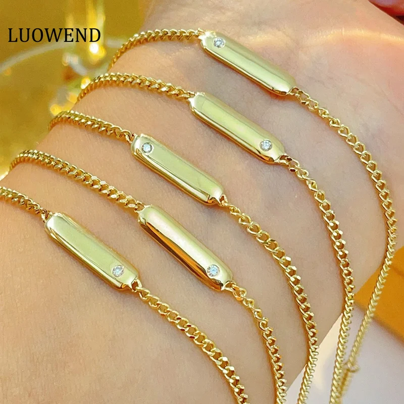 LUOWEND 100% 18K Yellow Gold Bracelet Cuban Chain Design Can Lettering Real Natural Diamond Bracelet for Women Birthday Gift