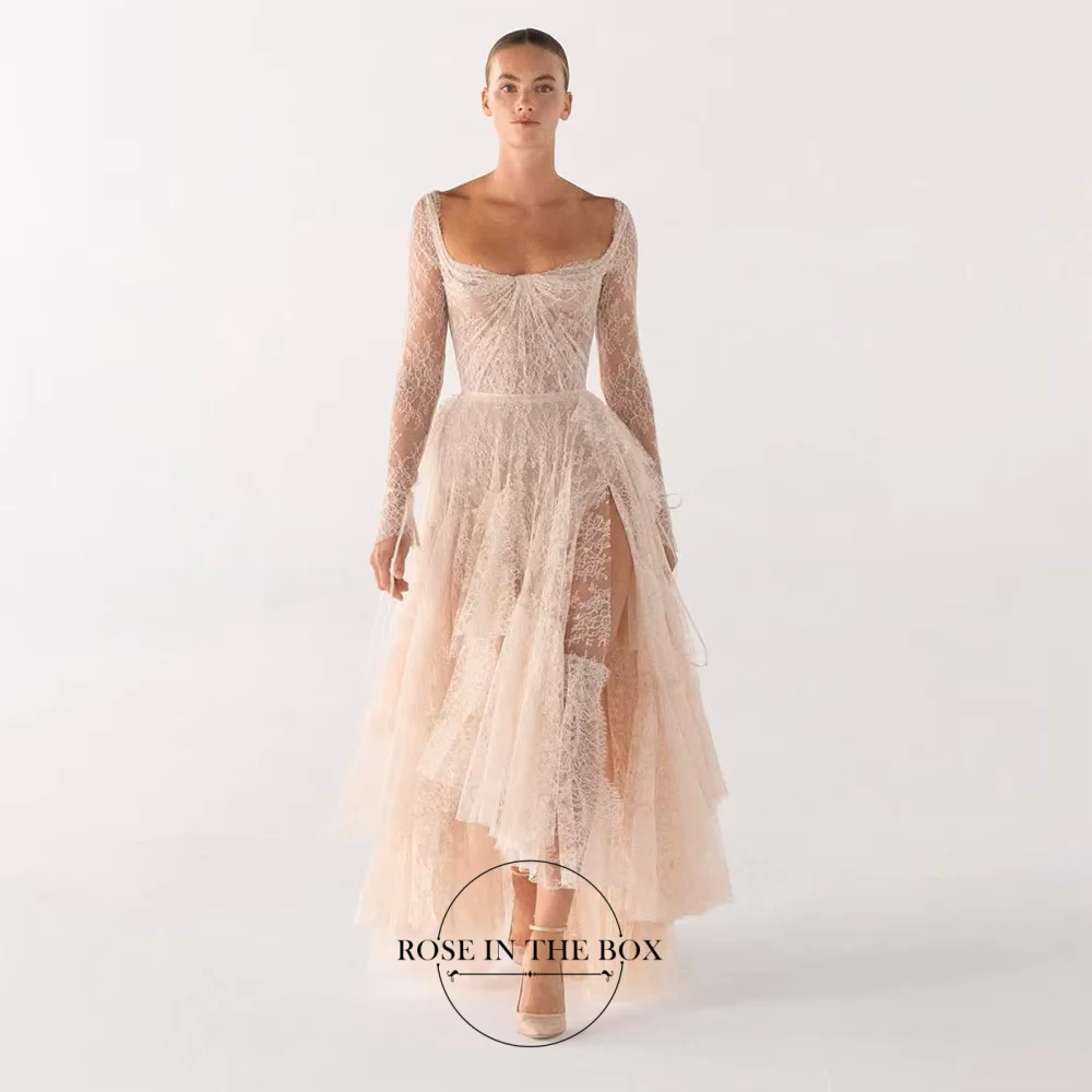 ROSEINBOX Elegant Lace Wedding Dresses Square Neck A-line Asymmetrical Hem High-low Long Sleeve Sexy Evening Gowns Customized
