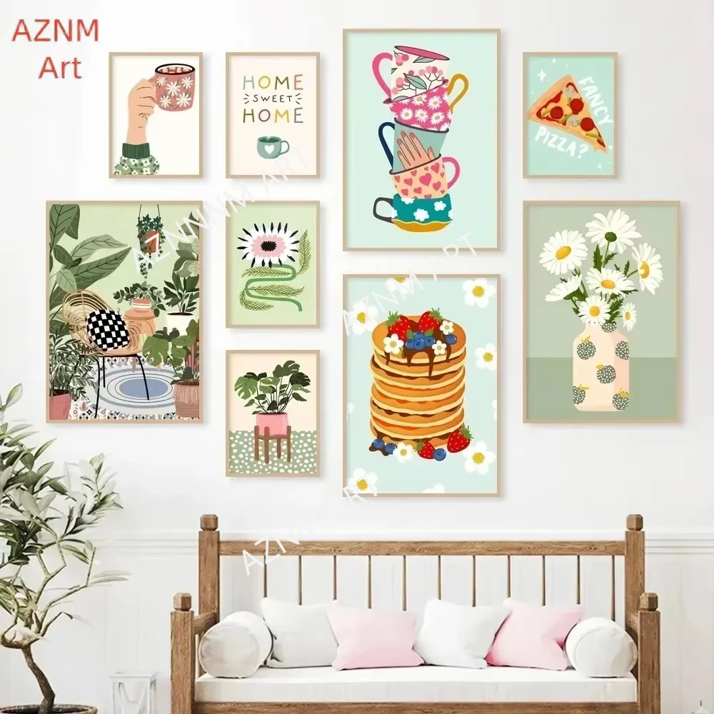 Tropical Plants Pizza Coffee Cup Food Posters Wall Art Canvas Painting Boho Kitchen Living Room Decor