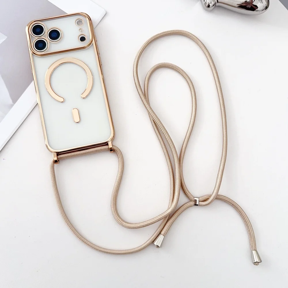 Luxuriöse Halskettenschnur-Lanyard mit magnetischer, transparenter Handyhülle für iPhone 18 17 16 14 11 12 13 15 Pro Max für Magsafe Cover